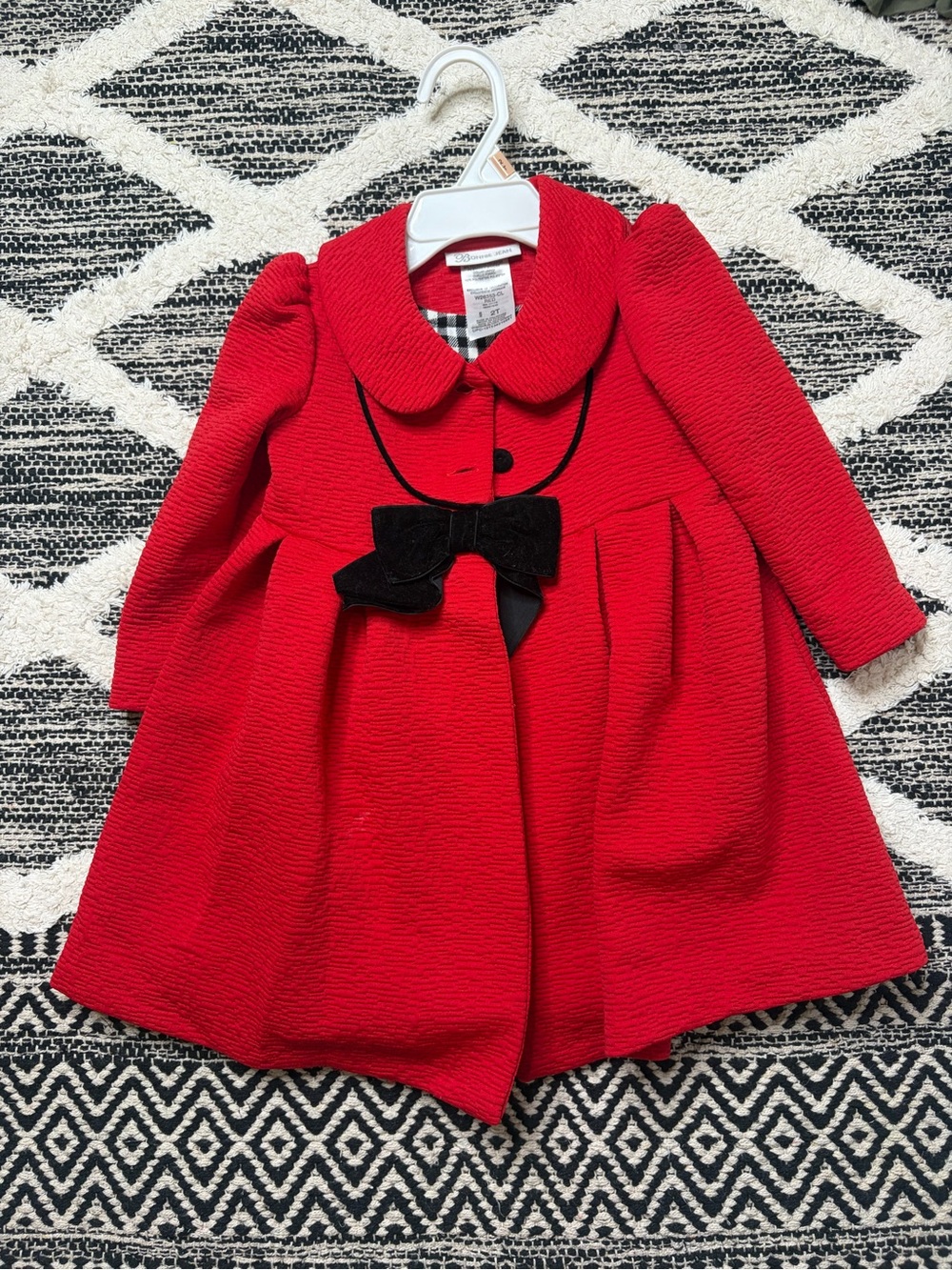 Bonnie Jean Red Textured Girls' Pea Coat with Black Bow
